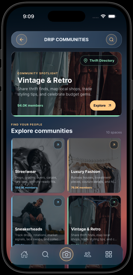 DRIP Communities screen featuring Vintage and Retro, Streetwear, Luxury Fashion, and Sneakerheads communities