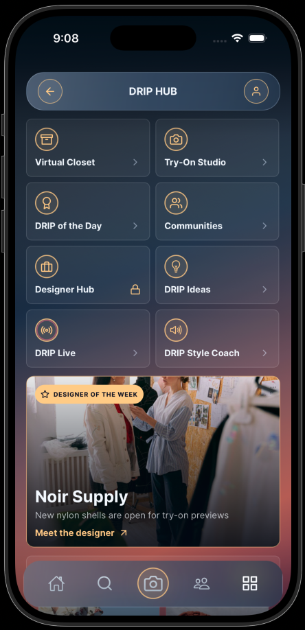 DRIP Hub showing the complete app feature ecosystem