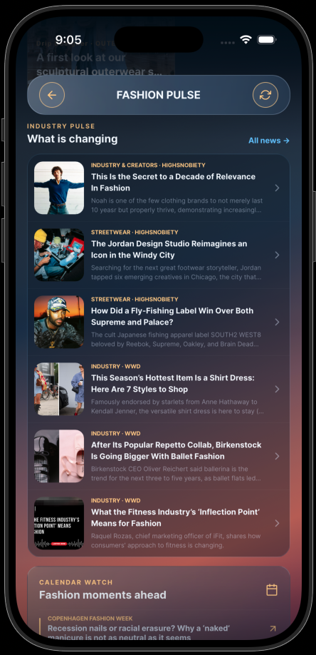 DRIP Fashion Pulse showing live industry news and fashion signals