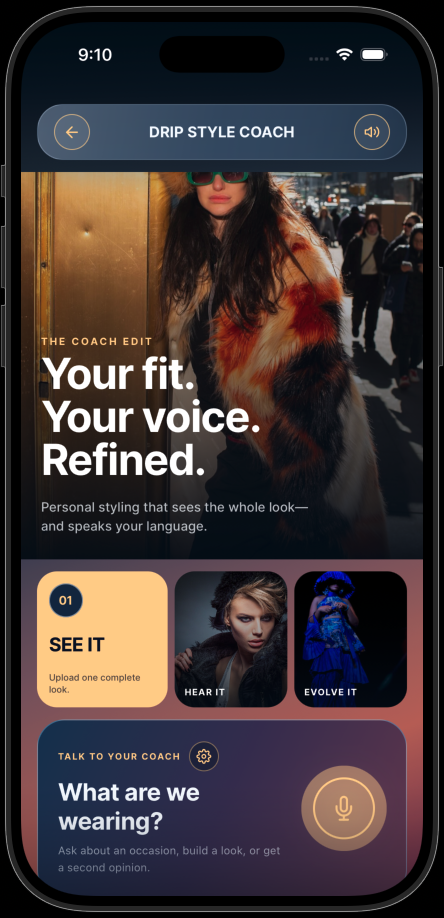 DRIP Style Coach screen with See It, Hear It, and Evolve It styling modes