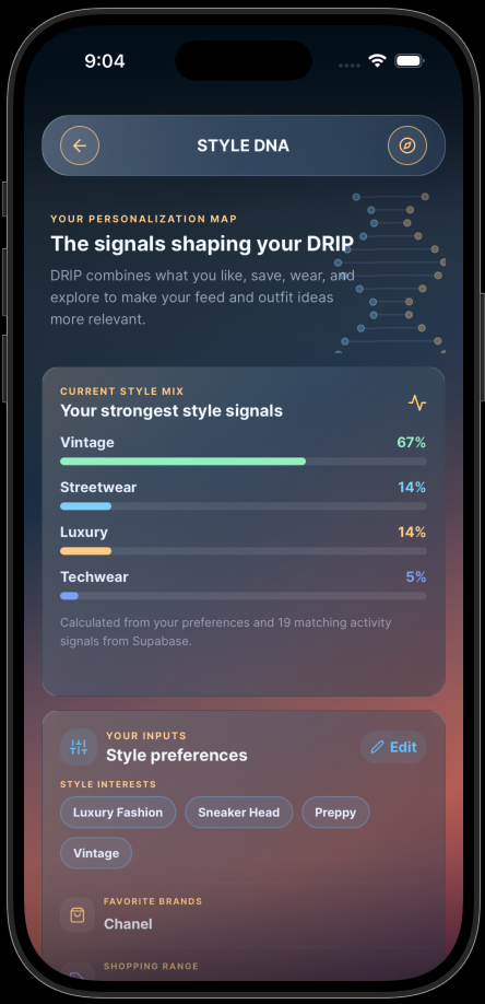 DRIP Style DNA screen showing a personalized taste map and strongest style signals