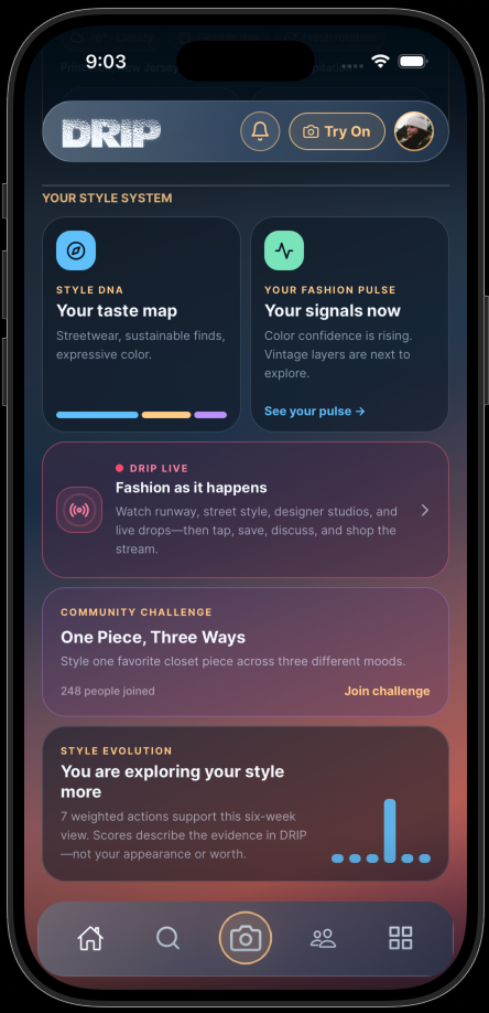 A home screen that knows what matters now. screen in the DRIP app